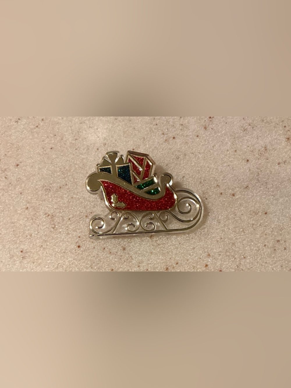 Hallmark Silver Sleigh Brooch with Red, Green & Blue Accents
